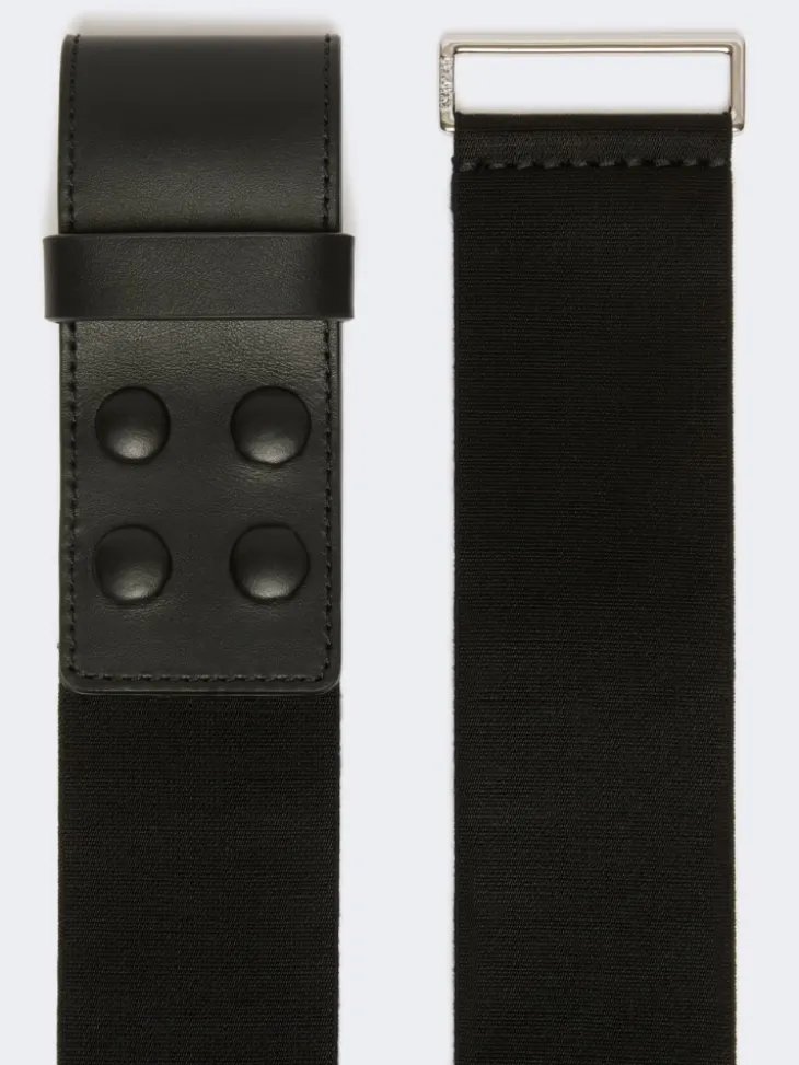 Elasticated webbing and leather wide belt - BLACK