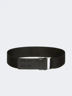 Elasticated webbing and leather wide belt - BLACK