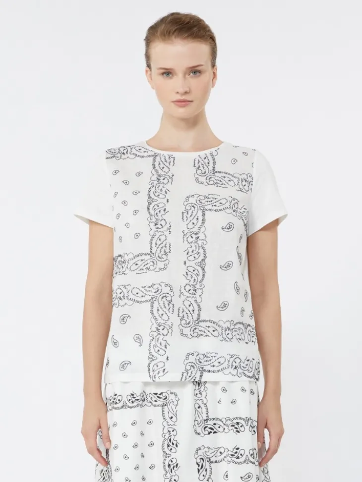 Embroidered linen and stretch cotton jersey T-shirt - WHITE
