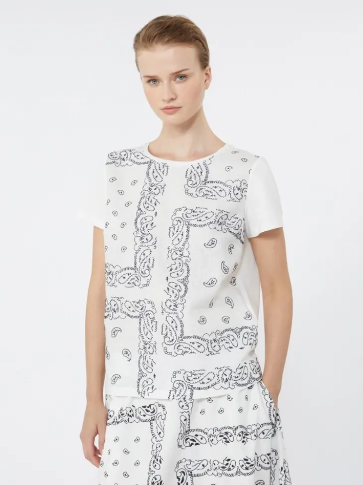 Embroidered linen and stretch cotton jersey T-shirt - WHITE