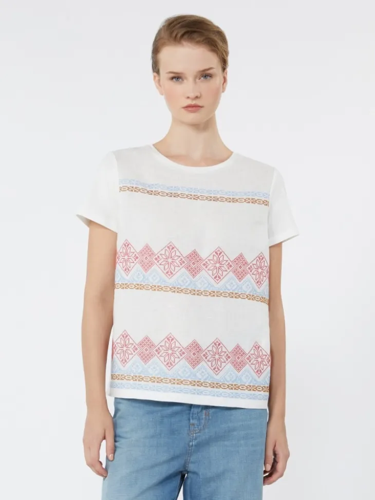 Embroidered linen and stretch cotton jersey T-shirt - WHITE