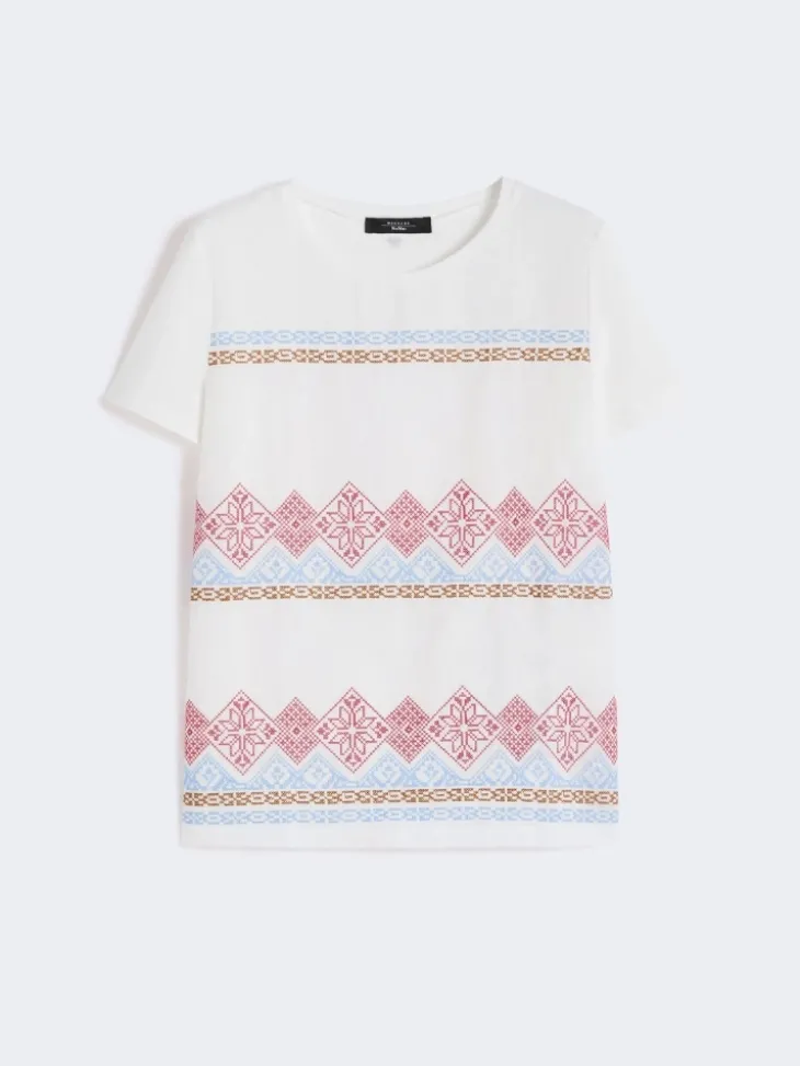 Embroidered linen and stretch cotton jersey T-shirt - WHITE
