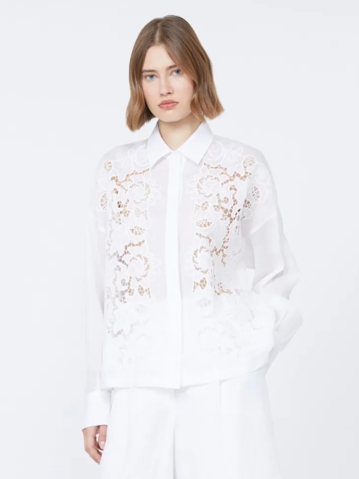 Embroidered ramie canvas boxy shirt - WHITE