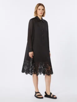 Embroidered ramie gauze shirt dress - BLACK