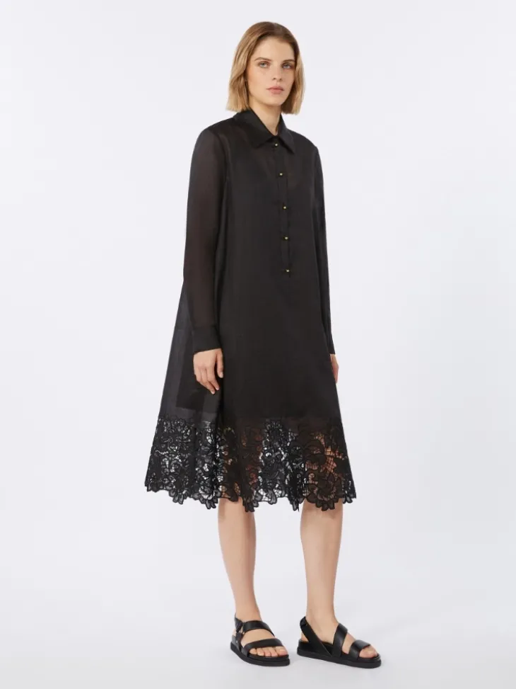 Embroidered ramie gauze shirt dress - BLACK