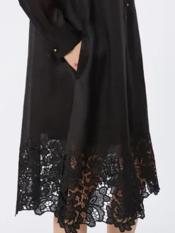 Embroidered ramie gauze shirt dress - BLACK