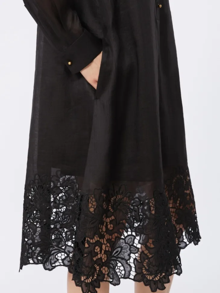 Embroidered ramie gauze shirt dress - BLACK