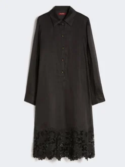 Embroidered ramie gauze shirt dress - BLACK