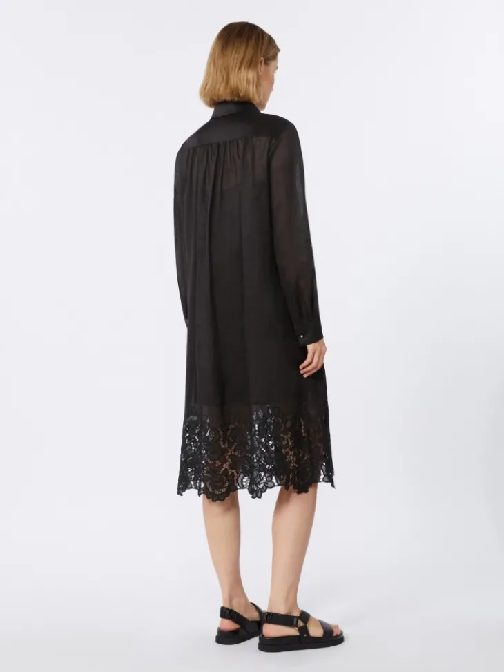 Embroidered ramie gauze shirt dress - BLACK