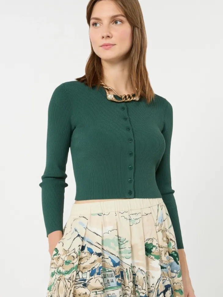 Fine rib-knit viscose yarn cardigan - GREEN
