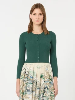 Fine rib-knit viscose yarn cardigan - GREEN