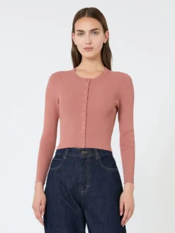 Fine rib-knit viscose yarn cardigan - TERRA COTTA