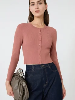 Fine rib-knit viscose yarn cardigan - TERRA COTTA