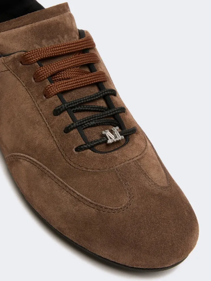 Flat split-leather trainers - DARK BROWN