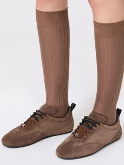 Flat split-leather trainers - DARK BROWN