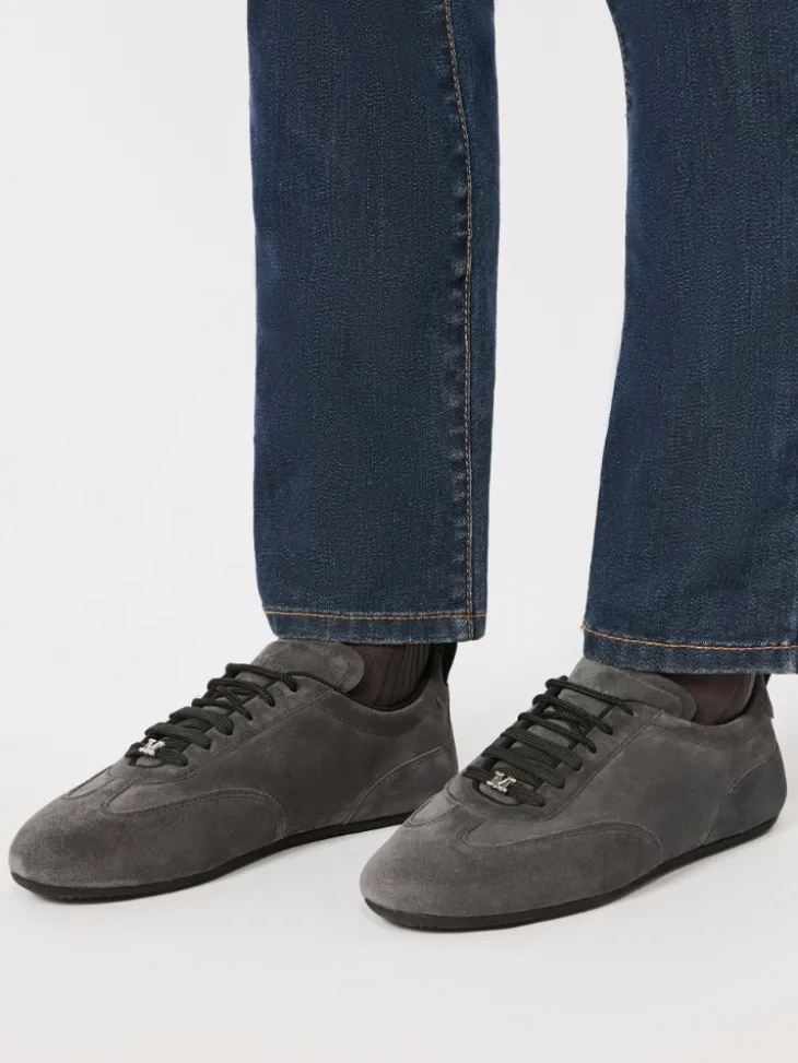 Flat split-leather trainers - MEDIUM GREY