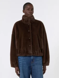 Fluffy-textured short jacket - BROWN