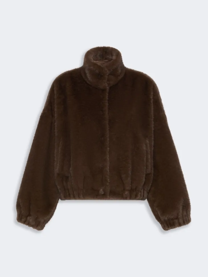Fluffy-textured short jacket - BROWN