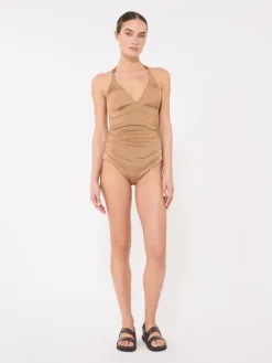 Gathered jersey swimsuit - CAMEL