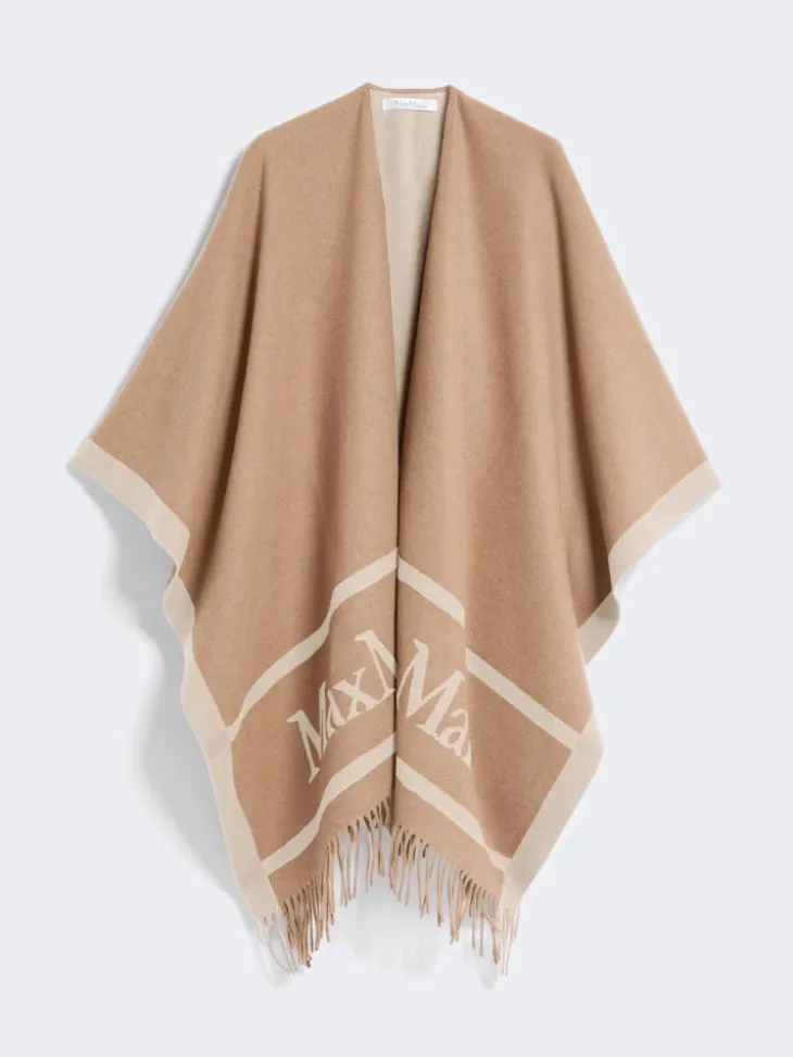 Jacquard wool poncho - CAMEL