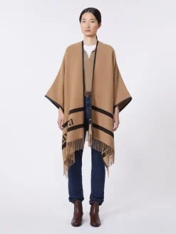 Jacquard wool poncho - CAMEL