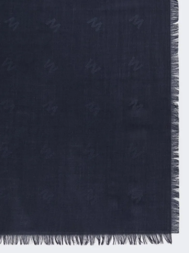 Jacquard-knit wool and silk shawl - MIDNIGHTBLUE