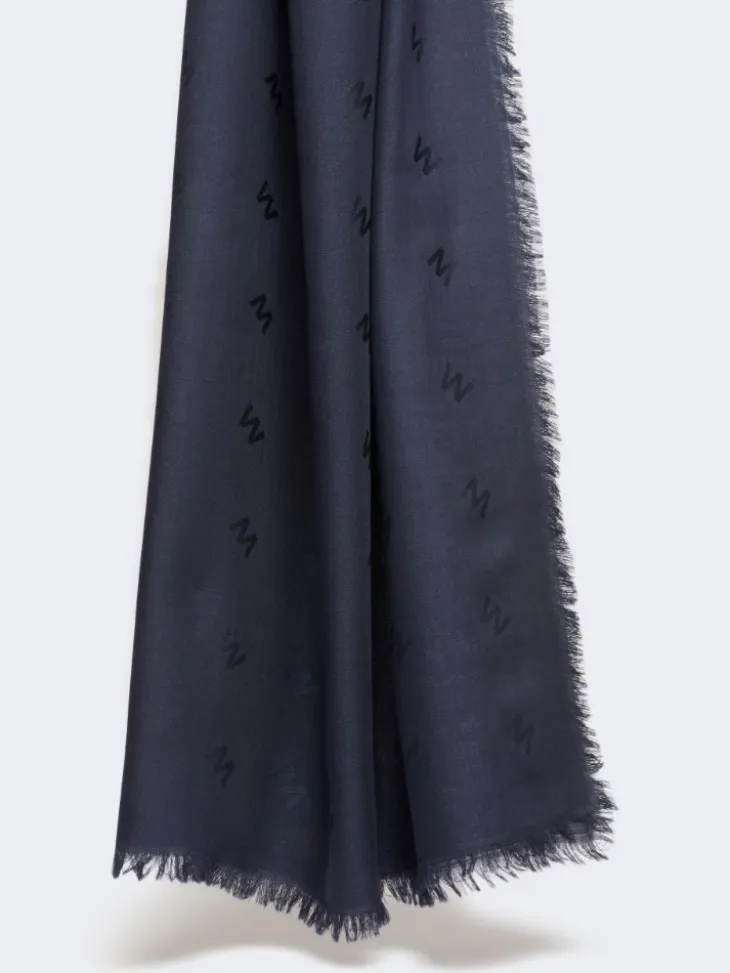 Jacquard-knit wool and silk shawl - MIDNIGHTBLUE