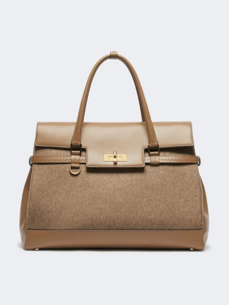 Large cashmere and leather handbag - BROWN