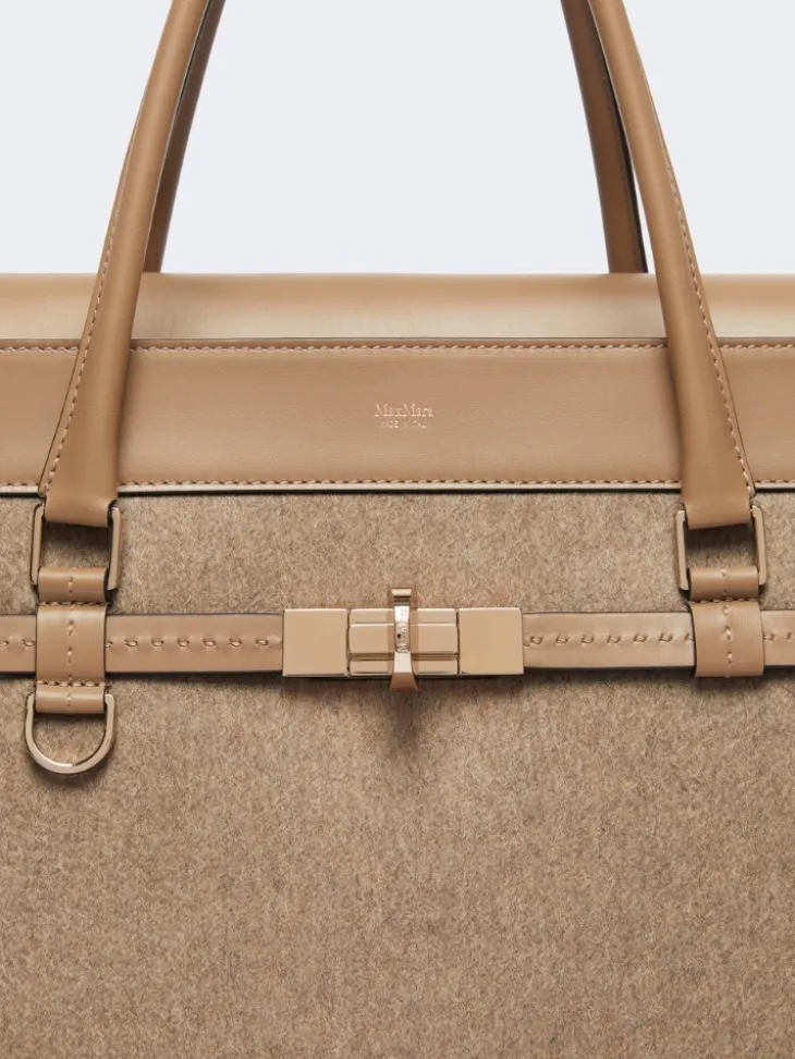 Large cashmere and leather handbag - BROWN