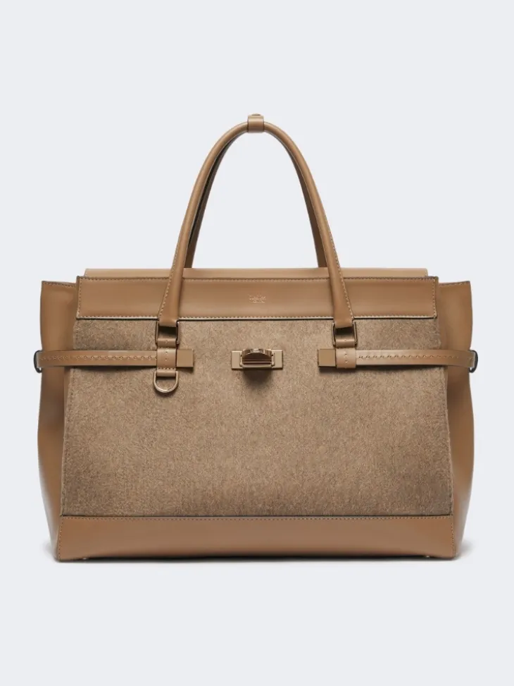 Large cashmere and leather handbag - BROWN
