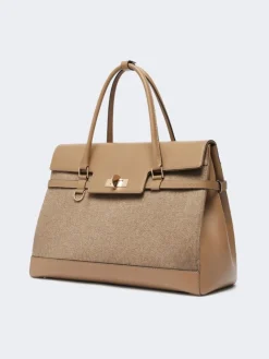 Large cashmere and leather handbag - BROWN