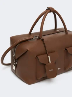 Large leather Boston bag with pockets - BROWN