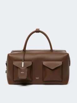 Large leather Boston bag with pockets - BROWN