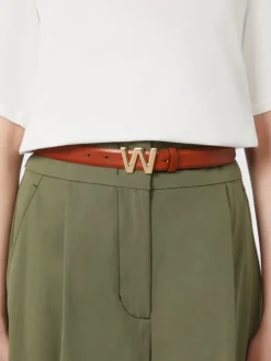 Leather belt with logo buckle - TOBACCO
