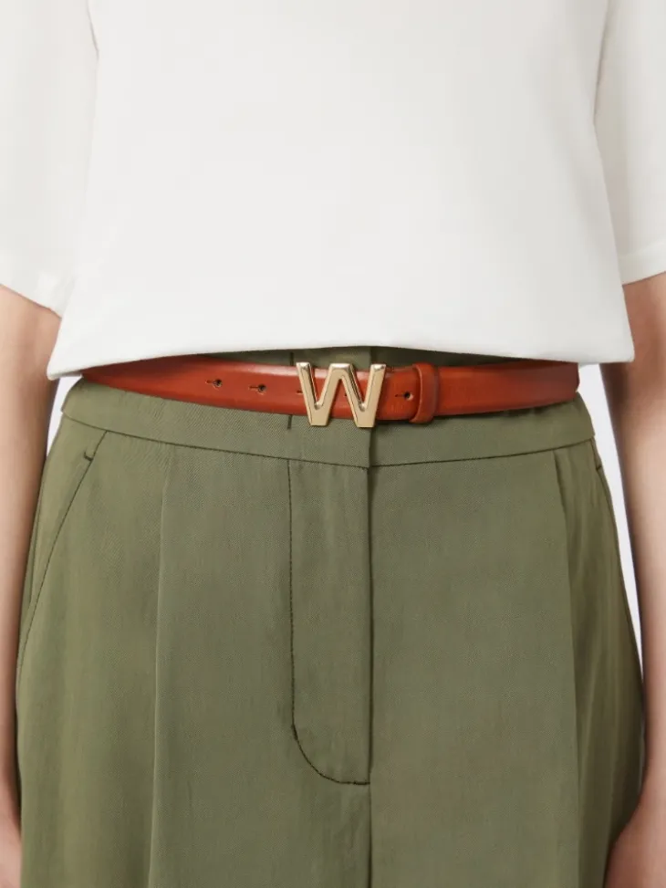 Leather belt with logo buckle - TOBACCO