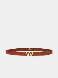 Leather belt with logo buckle - TOBACCO