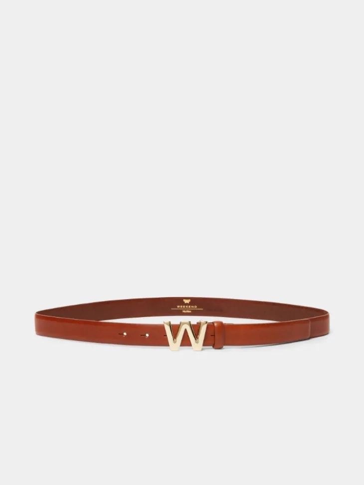 Leather belt with logo buckle - TOBACCO