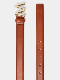 Leather belt with logo buckle - TOBACCO