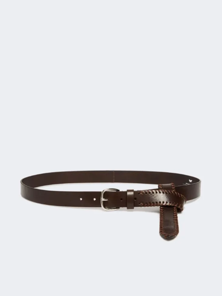 Leather belt with tip - DARK BROWN