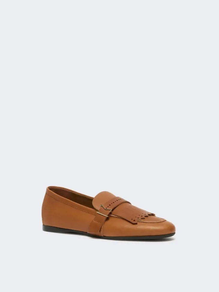 Leather loafers with fringe - AMBER BROWN