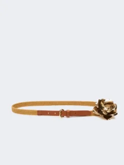 Linen and cotton belt with jewelled brooch - MUSTARD