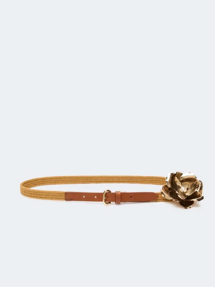 Linen and cotton belt with jewelled brooch - MUSTARD