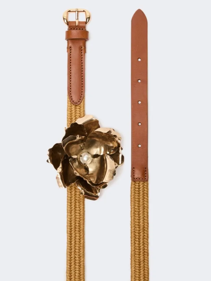Linen and cotton belt with jewelled brooch - MUSTARD