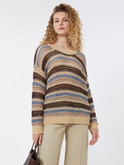 Linen and cotton yarn mesh jumper - BROWN