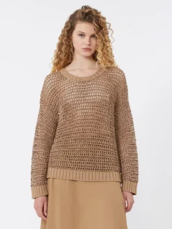 Linen and cotton yarn mesh jumper - TOBACCO