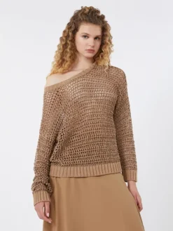Linen and cotton yarn mesh jumper - TOBACCO