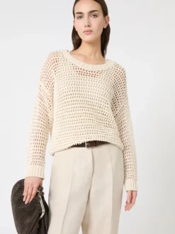 Linen and cotton yarn mesh jumper - ECRU