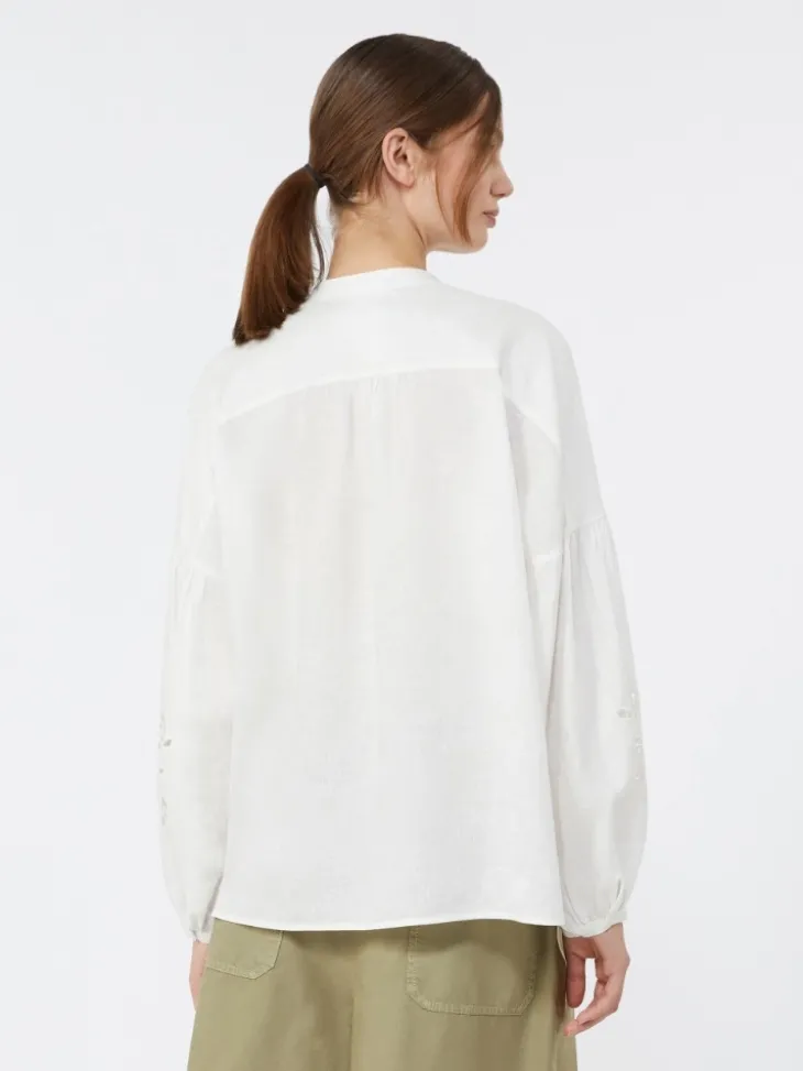 Linen canvas mandarin-collar shirt - WHITE