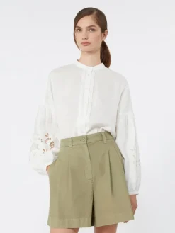 Linen canvas mandarin-collar shirt - WHITE