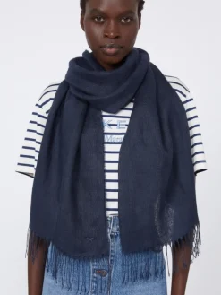 Linen stole with fringes - MIDNIGHTBLUE